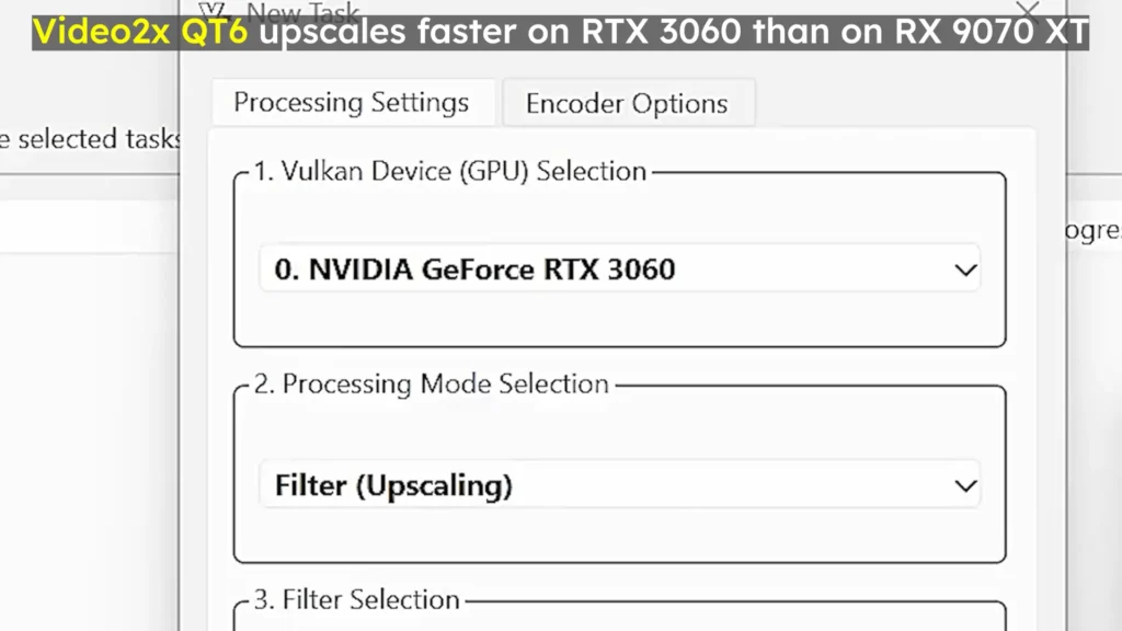 Video2X QT6 upscaling test comparing RTX 3060 and RX 9070 XT