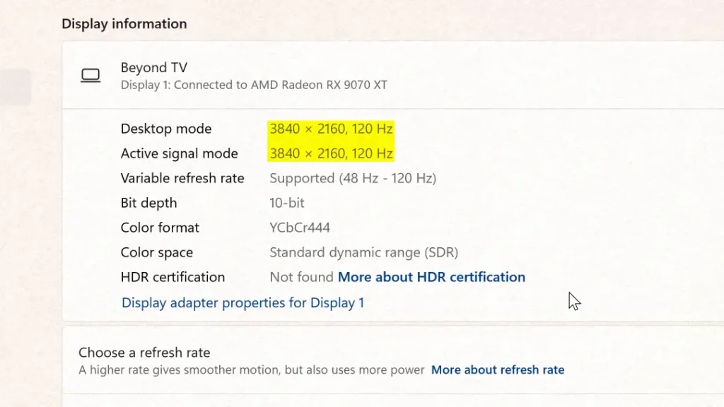 Windows display settings showing 3840 by 2160 resolution at 120 Hz on RX 9070 XT