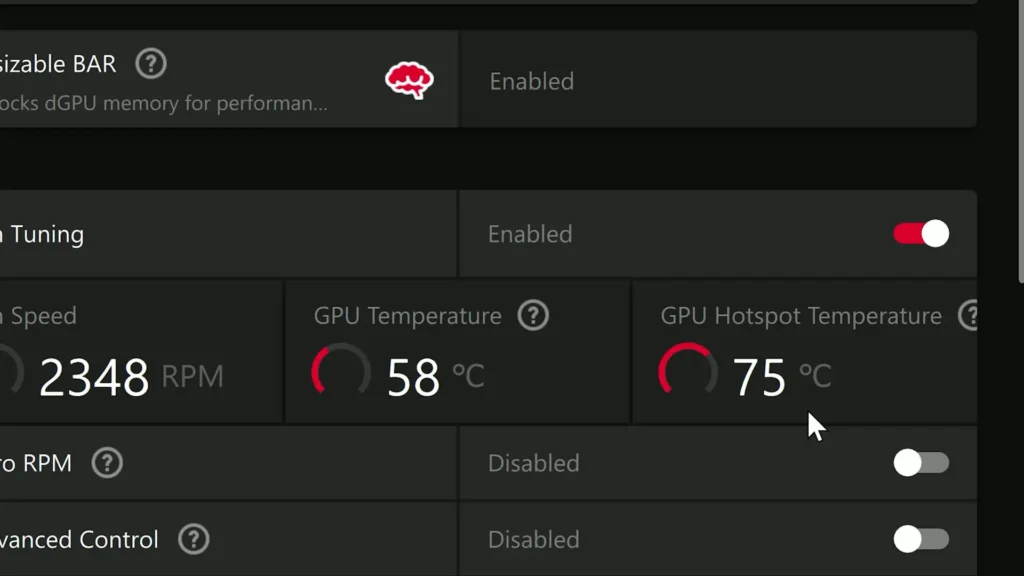 Undervolted RX 9070 XT showing 58 degree GPU temperature and 75 degree hotspot temperature