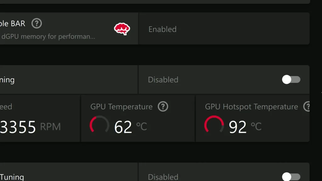 RX 9070 XT showing 62 degree GPU temperature and 92 degree hotspot temperature
