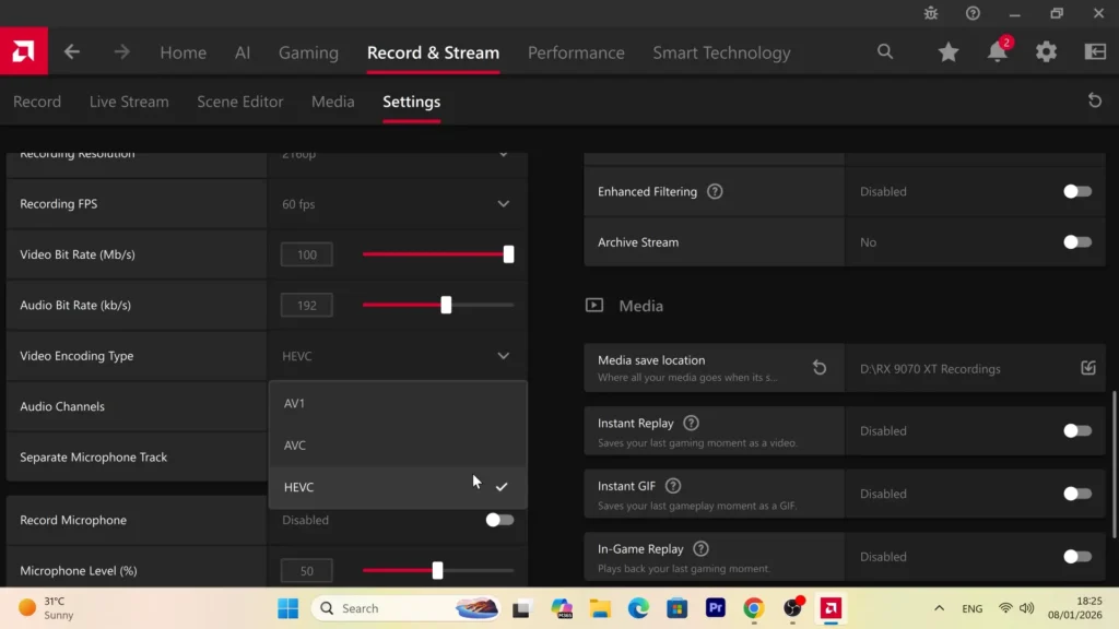 AMD Adrenalin recording settings showing AV1 AVC and HEVC encoding options