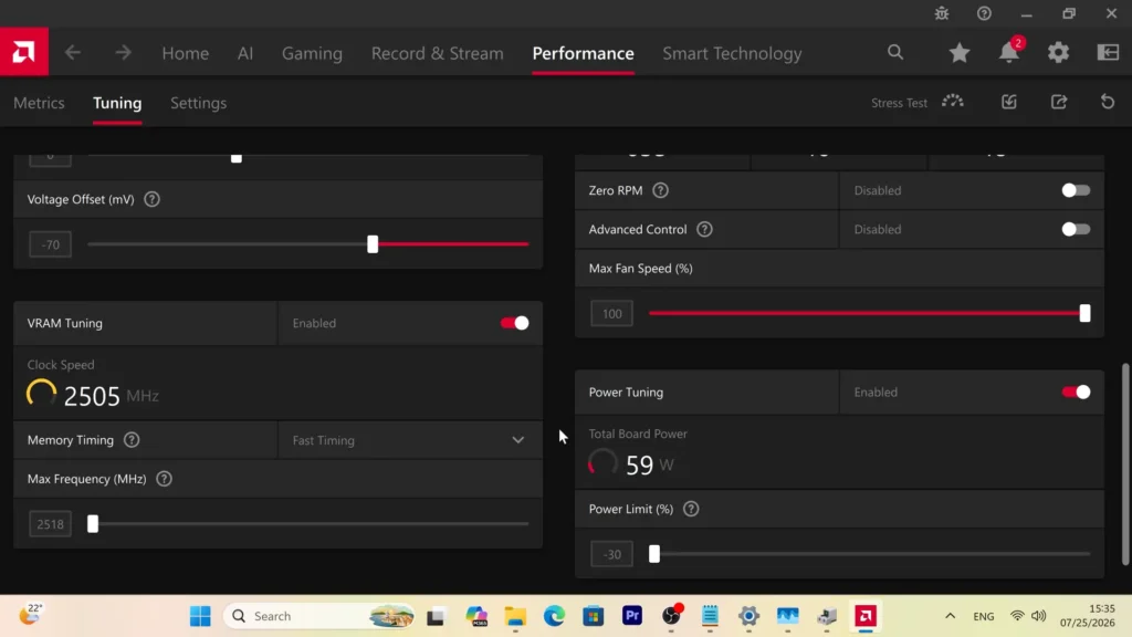 RX 9070 XT Adrenalin settings with Fast Timing and minus 30 percent power limit