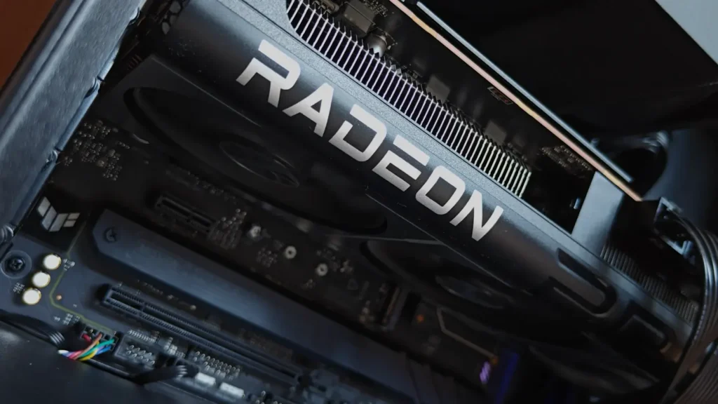 Close-up of the Radeon RX 9070 XT graphics card inside my PC