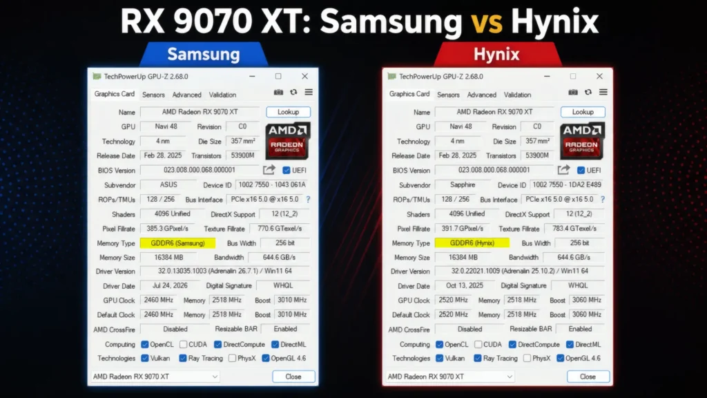 RX 9070 XT Samsung versus SK Hynix GDDR6 memory comparison in GPU-Z
