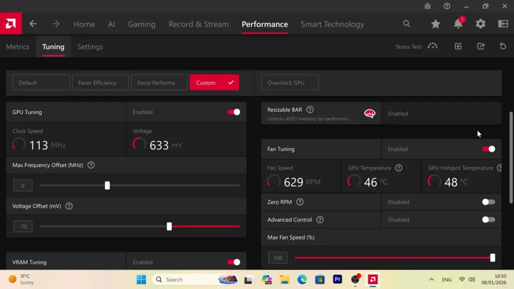 RX 9070 XT undervolting settings in AMD Adrenalin with minus 70 mV voltage offset