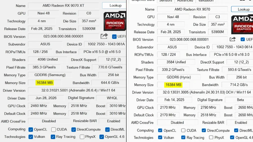 GPU-Z comparison of Radeon RX 9070 XT and RX 9070 specifications