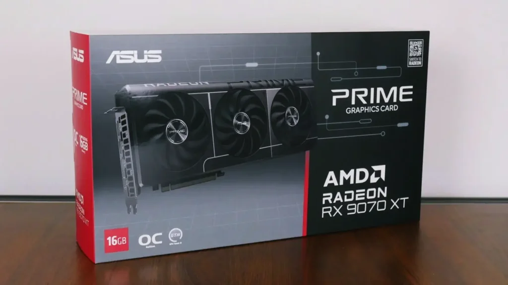 ASUS Prime Radeon RX 9070 XT OC Edition retail box with 16GB GDDR6 memory branding.