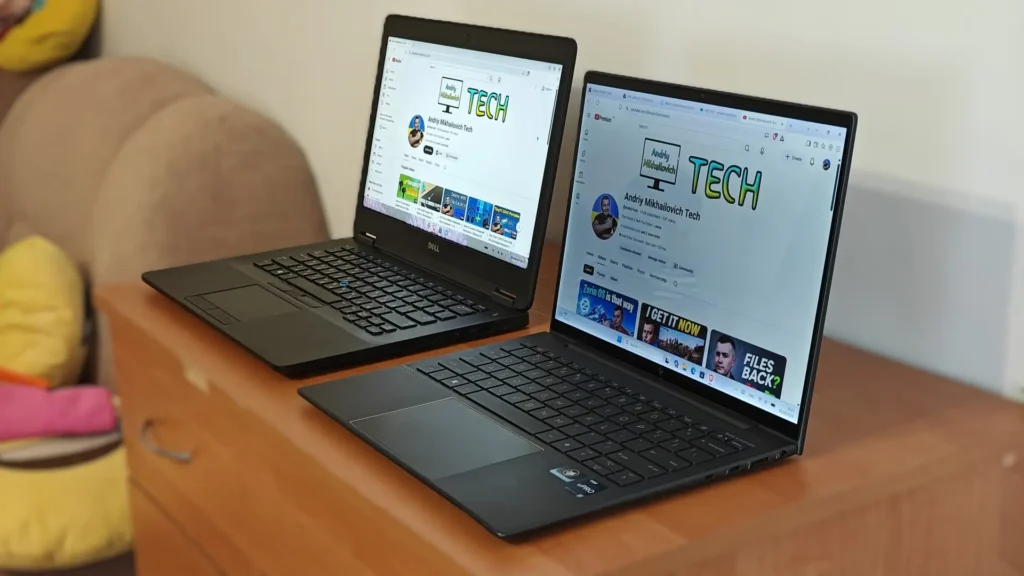 Dell Latitude E7470 on the left and HP Elite Dragonfly G3 on the right, displaying the same YouTube channel during a side-by-side screen comparison.
