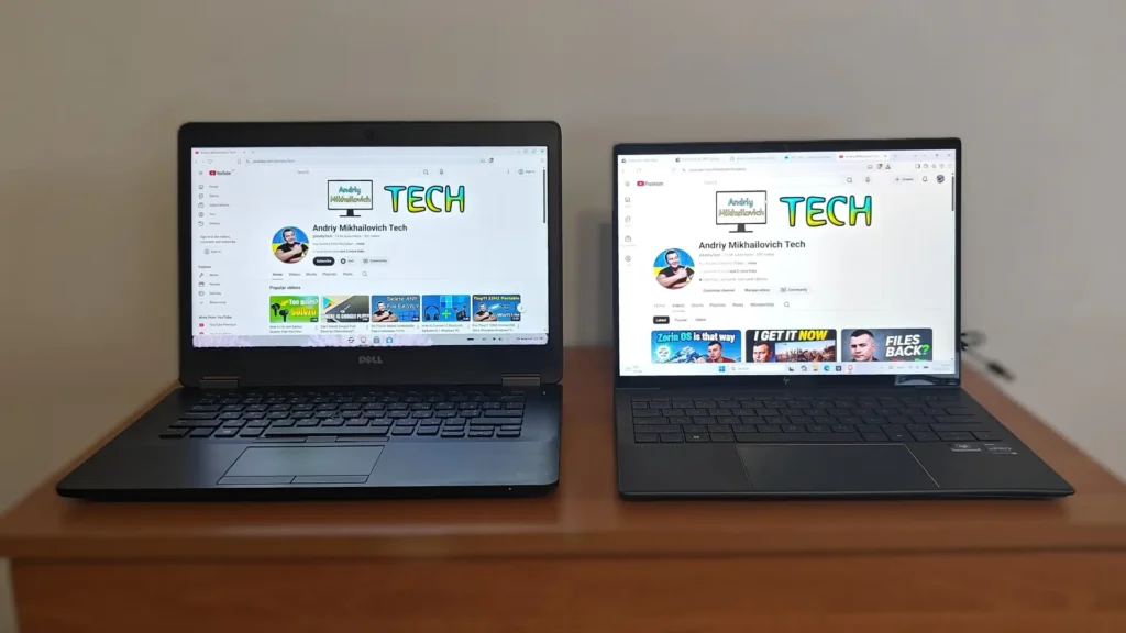 Front view of a Dell Latitude E7470 and HP Elite Dragonfly G3 displaying the same YouTube channel side by side.