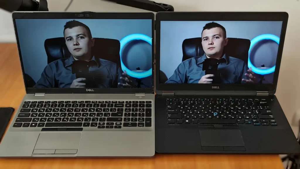 Dell Latitude 5510 (2020) and Latitude E7470 (2016) side by side, showing differences in color and brightness between their IPS displays.