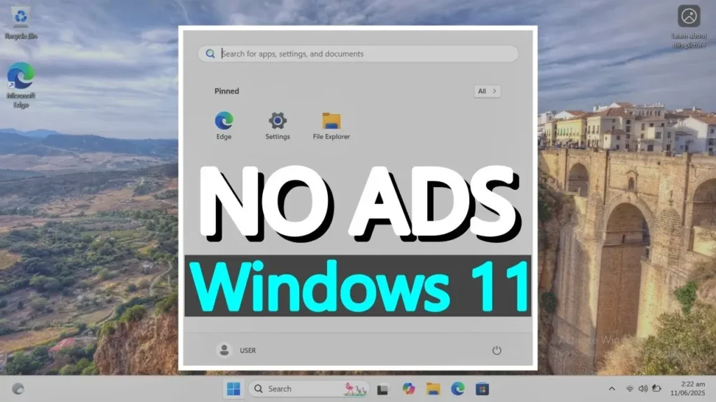 Windows 11 Start menu without promotional app shortcuts after using the English World installation trick