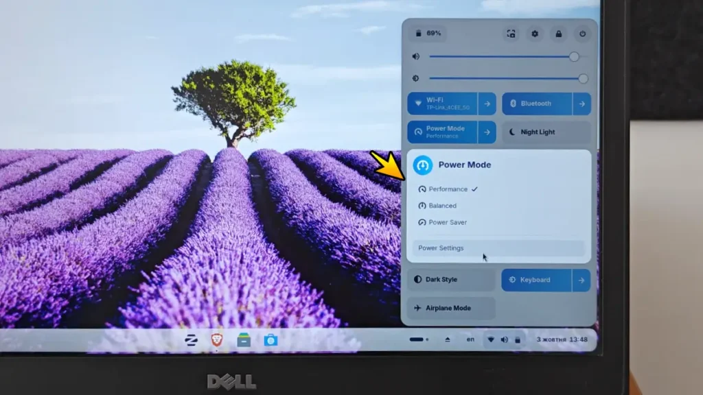 Zorin OS power modes with Performance mode selected