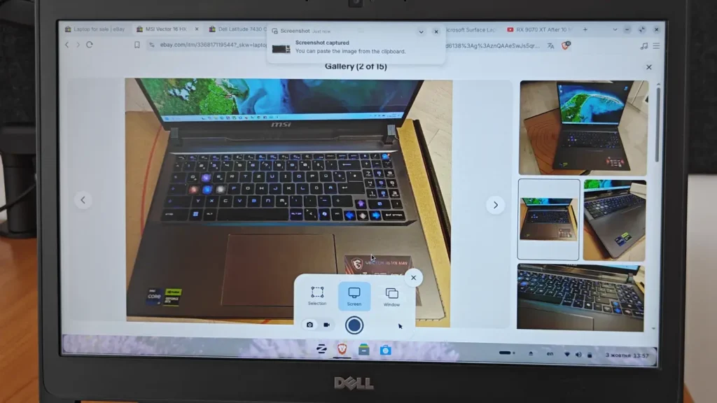 Zorin OS screenshot tool with selection, screen and window capture options